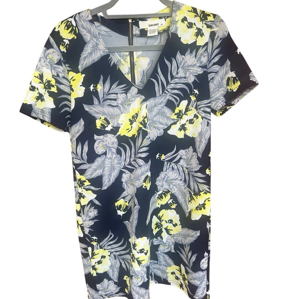 Sans Souci Floral Bodycon Mini Dress XS Navy Yellow Stretch Short Sleeve Sheath